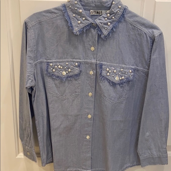 NWT Denim Button Down Shirt Detailed with Pearls - Picture 3 of 5